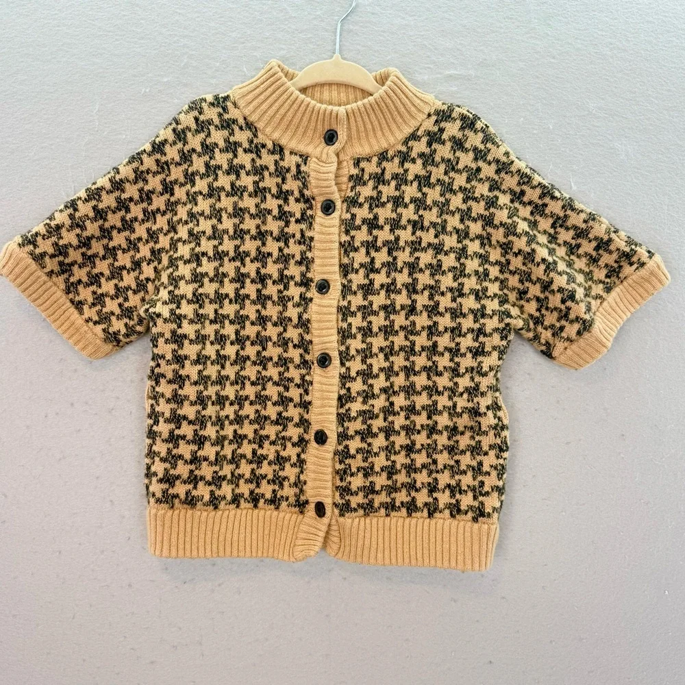 Janie & Jack little girls Houndstooth Cardigan Sweater Tan black short sleeves 6